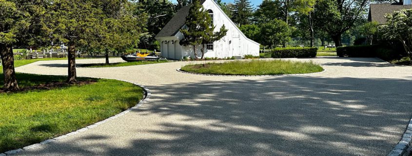 Circular driveway near white chapel