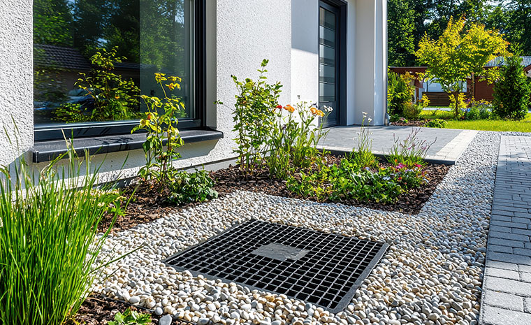 A compact garden with a metal grate located in front of a house, showcasing drainage solutions in Stonington, CT.