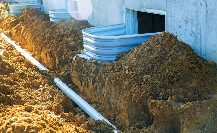 An underground pipe network designed for drainage solutions in Stonington, CT, demonstrating the successful installation of curtain drains.