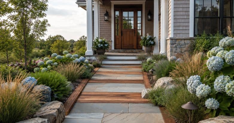Wood and stone front walkway leading to a coastal-style Connecticut home, surrounded by hydrangeas, ornamental grasses, and natural landscaping.