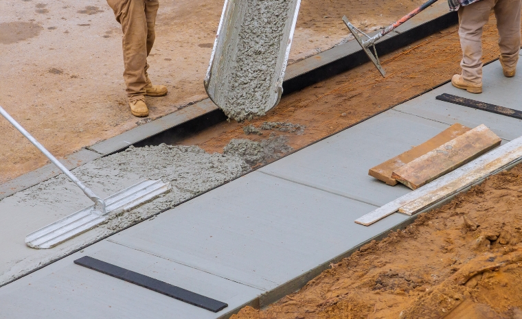 Concrete being poured for a sidewalk construction project by a contractor in Fairfield, CT, focusing on commercial work.