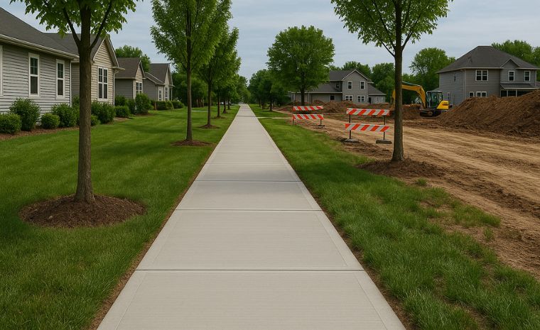 Sidewalk in a residential area with construction equipment, showcasing a concrete sidewalk project in Fairfield, CT.