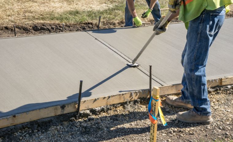In Guilford, CT, a man skillfully uses a concrete tool to create a sidewalk, highlighting his role as a concrete contractor.