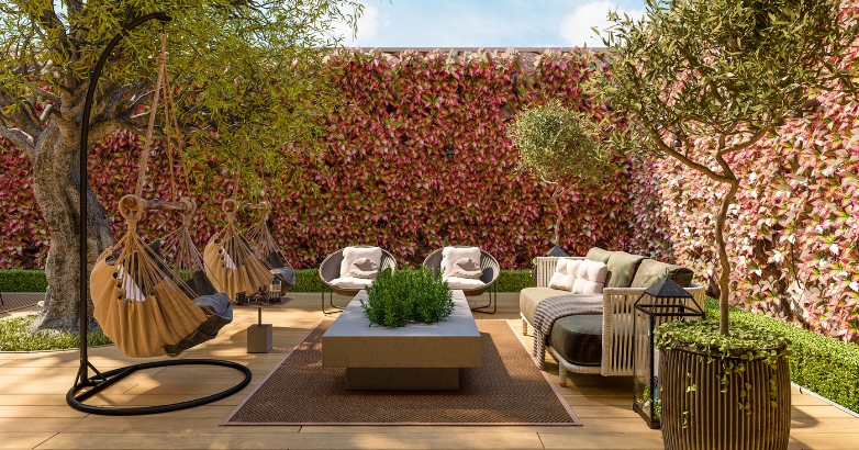 A luxury patio featuring a swing chair and a table, surrounded by vertical gardens for a serene outdoor atmosphere.
