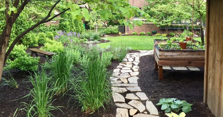 A serene garden featuring a winding stone path surrounded by various plants, showcasing stone patio ideas.