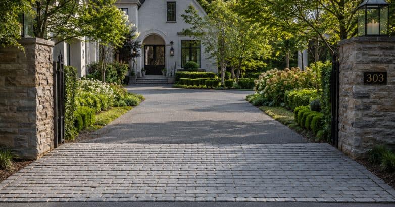 Straight-pattern cobblestone driveway apron arranged in neat parallel rows at the entrance of a landscaped residential property