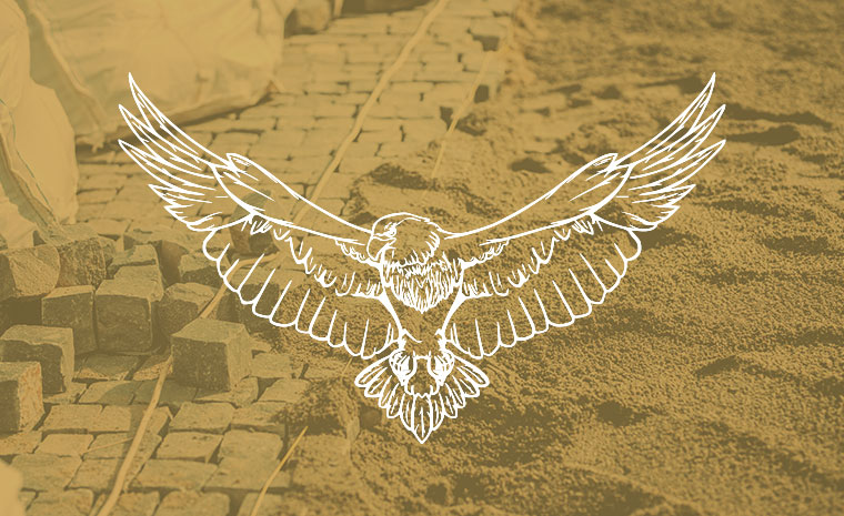 A bird soars above a pile of bricks, showcasing the outdoor setting of Stone Pool Patios in Fairfield, CT.