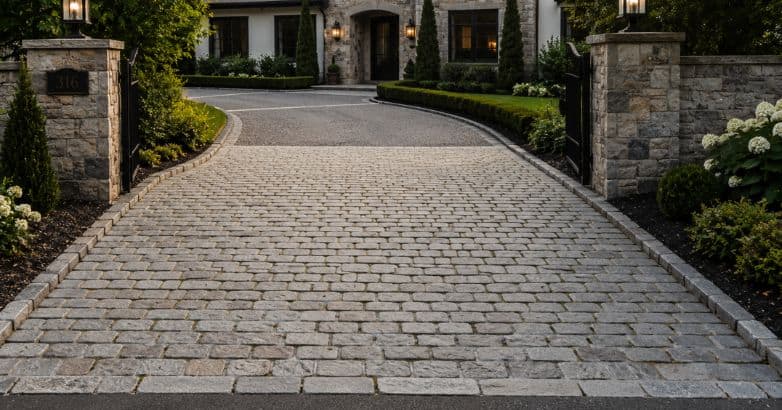 Elegant cobblestone driveway apron framed by stone pillars, landscaped gardens, and a luxury residence.