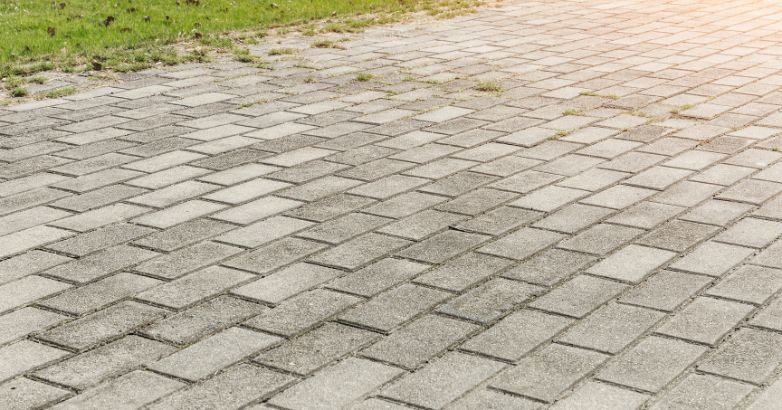 Concrete paver walkway with slight weed growth—showing surface texture and joint spacing for slip resistance and barefoot comfort