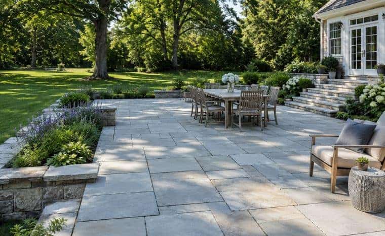 Elegant bluestone patio with dining area, stone steps, and gardens in Essex, CT