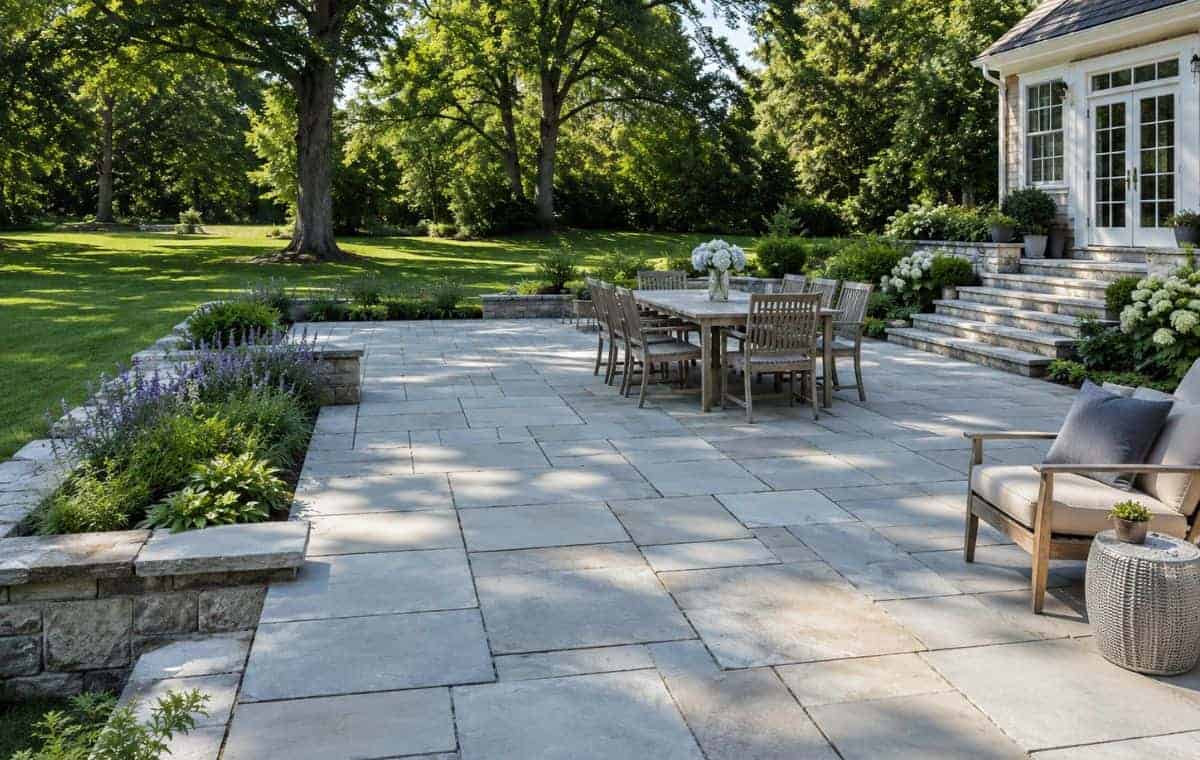 Bluestone patio with outdoor dining area and landscaped garden in Madison, CT