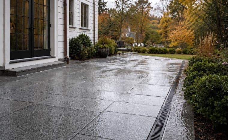 Granite stone patio with integrated drainage channel at an Old Lyme CT home