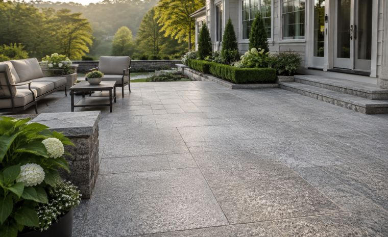 High-grade granite stone patio with landscaped seating area at an Old Lyme CT home