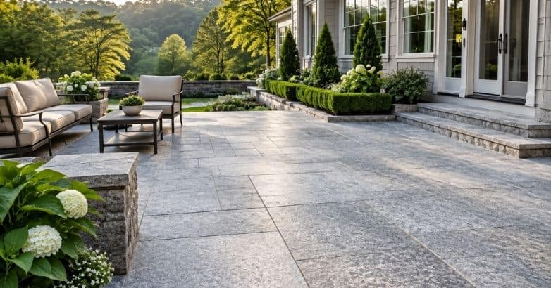 Granite patio with slip-resistant stone surface and elegant outdoor living design