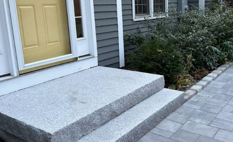 Modern stone front steps with paver walkway installation for Connecticut home